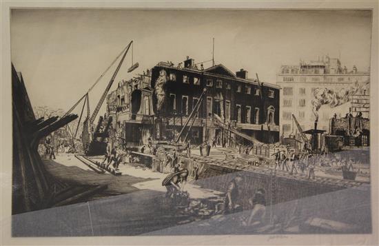 Job Nixon (1891-1938), engravings, Demolition of Devonshire House, 1925 and 3 others